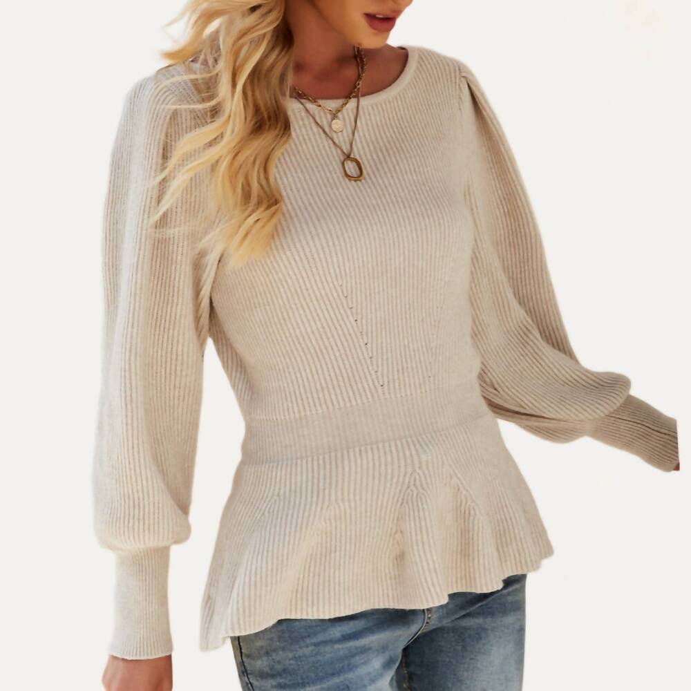 NEW FAIRE chic balloon sleeve flouncy knit sweater top in apricot